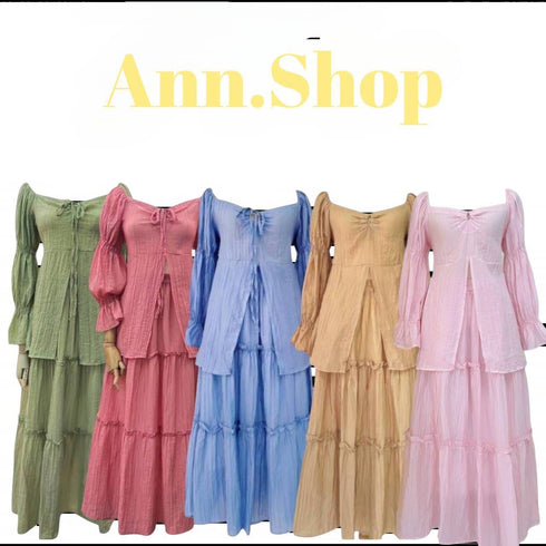 Wide Neck Lace Long Sleeves Slit Tops With Tiered Long Skirts